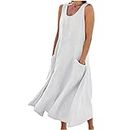 Cancel Prime Membership Now Women's Summer Cotton Linen Long Dress Sleeveless Elegant Flowy Dresses Plus Size Loose Comfy Dress with Pockets Summer Dresses White M