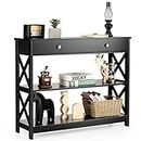 Giantex 3-Tier Console Table, Sofa Table with 1 Drawer and 2 Storage Shelves, Entryway Table with X-Design for Hallway, Living Room and Entryway, Black