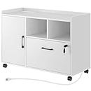 Rolanstar File Cabinet with Charging Station, Mobile Lateral Filing Cabinet with Locking Drawer, Printer Stand with Open Storage Shelf with Wheels, for Letter/Legal/A4 Size Files, White