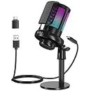 NJSJ USB Microphone for PC, RGB Gaming Mic with Mute Button, Condenser Microphone with Gain knob & Monitoring Jack for Recording, Streaming, Podcasting（Black）