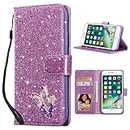 QLTYPRI Wallet Case for iPhone 7 Plus Case iPhone 8 Plus, Bling Shiny Glitter Flip Folio Case Protective Cover Card Slots Magnetic Closure Kickstand Wrist Strap - Purple Butterfly