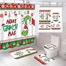 Fungarth 4 Pcs Christmas Grinch Shower Curtain Set with Rug Snowflake Red and Green Xmas Balls Waterproof Fabric Shower Curtain and Non-Slip Rugs Toilet Lid Cover Bath Mat Decor with Hooks (Red2)