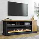 LUXOAK 75” Fireplace TV Stand with 60” Electric Fireplace, Chunky Entertainment Center with Wood Grain, Color Clash Entertainment Stand for TVs up to 85”, Black&Brown