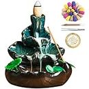 VVMONE Cute Ceramic Backflow Incense Holder Waterfall Incense Burner with 48 Incense Cones and 30 Incense Stick, Incense Fountain for Home Decor, Desk Decor(Cyan)