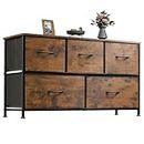 WLIVE Dresser for Bedroom with 5 Drawers, Wide Chest of Drawers, Fabric Dresser, Storage Organizer Unit with Fabric Bins for Closet, Living Room, Hallway, Rustic Brown Wood Grain Print