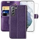 MONASAY Galaxy S21 Wallet Case, 6.2 inch,[Included Screen Protector] Flip Folio Leather Cell Phone Cover with Credit Card Holder for Samsung Galaxy S21 5G, Dark Purple