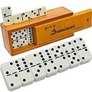 Dominos Set for Adults – Dominoes - Classic Board Games - Juegos de Mesa - Double 6 Dominoes for Family Games for Kids and Adults - Double Six Standard Dominos Set 28 Tiles with Brown Wood Case