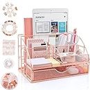 ARCOBIS Rose Gold Desk Organizer and Accessories, Upgraded Large Office Supplies Desk Organization for Women, Cute Desk Caddy with Pen Holder, 6 Compartments+1 Large Drawer+72 Clips Set