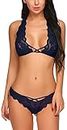 Xs and Os Women Cross Style Lace Bra Panty Lingerie Set (Navy, Free Size)