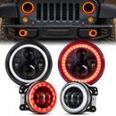 Red Halo 7" LED Headlights +4" Fog Lights Combo Kit For Jeep Wrangler JK 07-18