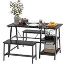 SogesGame 47 Inches Dining Table Set of 3, Kitchen Table Set with Bench for 2-4 Space Saving with Wine Rack Hooks,Black