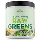Raw Greens - Ultimative natürliche Mischung mit 15 Premium-Superfoods und Gemüse - Veganes Super Greens-Pulver mit grünem Tee, Spirulina, Ingwerwurzel und Erbsenprotein (50 Portionen, 250g)