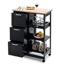 Giantex Kitchen Island Cart, Home Bar Serving Cart, Kitchen Trolley with 3 Large Drawers, Storage Shelf and 3 Tier Shelves, Rolling Storage Cabinet, Mobile Kitchen Cart (Black)