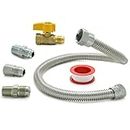TT FLEX One Stop Gas Appliance Hook Up Kit, 22" Stainless Steel Flexible Gas Connector with 1/2" Brass Gas Shut off Valve and Fittings for Gas Log, Stove, Garage Heater, Dryer, Fireplace, 6-Piece