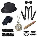 YADODO 20s Accessories Men's Set Mafia Costume Men's Accessories 1920s Men's Accessories Gatsby with Pocket Watch Fake Moustache Hat Bow Tie for Carnival Halloween Party Cosplay