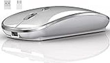 Wireless Mouse for Laptop, 2.4 GHz Cordless Mouse with USB/USB-C Dual Receiver for Computer, Rechargeable Portable Mouse Compatible with Apple MacBook Air/Pro,iPad,Mac,Chromebook,Tablet,PC (Silver)