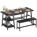 SDHYL Dining Table Set 3 Pieces,55 inches Dining Table with Shelf,4 Person Breakfast Table with 2 Benches,Wood Space Saving Kitchen Table Set with Wine Rack and Glass Holder, Black