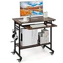 COSTWAY Mobile Computer Desk, Study Table Writing Workstation with Keyboard Tray, Storage Shelf, 3 Hanging Hooks & 4 Lockable Wheels, Modern PC Laptop Table Gaming Working Desk for Home Office Bedroom