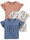 Simple Joys by Carter's Short-Sleeve Shirts and Tops, Pack of 3 Camiseta, Blanco Floral/Marrón Lunares/Tejano, 8 años (Pack de 3) para Niñas