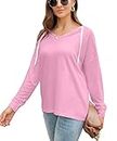 PCEAIIH Women's Casual Cotton Hoodie Sweatshirts Long Sleeve V Neck Plain shirts Lightweight Tops（Pink,S）