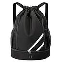 Oziral Drawstring Backpack Water Resistant String Bag Gym Sports with Shoe Compartment Side Mesh Pockets for Women Men (Black)