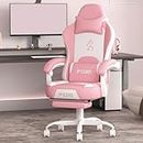 PZDO Pink Gaming Chair Computer Chair with Footrest, Kawaii Gaming Chairs for Adults Girls Women Kids, High Back Pink Reclining Chair with Bunny Ear & Lumbar Support(Pink-White)