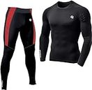 NEVER QUIT Men's Sports Running Set Compression Shirt + Pants Skin-Tight Long Sleeves Quick Dry Fitness Tracksuit Gym Suits (Set of 2) (Slim, L, Red&Black)