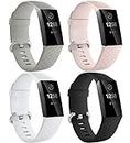 Dirrelo Kompatibel mit Fitbit Charge 3/Fitbit Charge 4 für Damen und Herren, 4 Pack Wasserdicht Verstellbares Silikon Ersatzarmband Sport Uhrenarmband für Fitbit Charge 3/4, Schwarz+Rosa+Weiß+Grau S