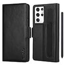 TIANNIUKE for Samsung Galaxy S21 Ultra Case with S Pen, Genuine Leather Magnetic Cover Kickstand RFID Blocking Card Slot with TPU Cover Compatible with Samsung S21 Ultra (Black)
