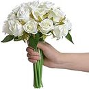 TIED RIBBONS Set of 12 Artificial Rose Flowers Bunches for Vase (24 cm, White) - Home Decoration Gift Items for Living Room Corner Table Top Bedroom Wedding (Pot Not Included) Polyester