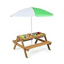 ARLIME Sand and Water Table - 3-in-1 Kids Picnic Table with Height Adjustable Umbrella, Removable Table Top & 2 Detachable Game Boxes, Water Play Table for Boys Girls, Outdoor Sensory Table (Natural)