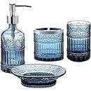 WHOLE HOUSEWARES | Premium Bathroom Accessory Set | 4-Piece Decorative Blue Glass Bathroom Decor Accessories Set | Soap Dispenser, Tray, Jar, Toothbrush Holder | Elegant Mosaic Glass (Blue)