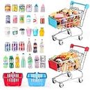 134pcs Mini Shopping Cart Basket Miniature Food Drink Bottle Supermarket Metal Handcart Toys Doll House Store Cosplay Game Dollhouse Grocery Fruit Cake Bread Party Trolley Model Dollar Bills