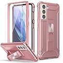 ORETech for Samsung S21 Case with [2 Tempered Glass Screen Protector] Heavy Duty S21 Case Shockproof Hard PC Soft Rubber Edge with Kickstand Protective Cover for Samsung Galaxy S21 Case 6.2" Rosegold