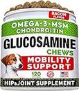 STRELLALAB Glucosamine Treats for Dogs - Joint Supplement w/Omega-3 Fish Oil - Chondroitin, MSM - Advanced Mobility Chews - Joint Pain Relief - Hip & Joint Care - Bacon Flavor - 120 Ct - Made in USA