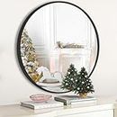 JUNEBRUSHS Circle Mirror, 24 Inch Round Wall Mirror Black Circle Mirror Large Circle Mirror with Hooks and Metal Frame, Round Mirrors for Wall Decor for Bathroom Entryway Bedroom Vanity Hallway