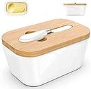 Elisco Embellished Large Butter Box with Lid Ceramics Butter Keeper Container with Knife and Silicone Sealing Butter Dishes with Covers Kitchen Home Gift (650 ML)- White