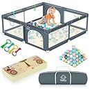 Baby Playpen with Mat 180×150cm, Baby Play Pen Extra-Large Playpens Play Mat with 50 Balls Pit, 4X Handlers, Baby Playmat, Basket Net for Toddler Babies with Breathable Mesh