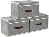 3 Pack Foldable Storage Cube Bins Boxes with Lids and Handles Baskets Linen Organizers Stackable Box Clothing for Laundry Nursery Closet Toys Shelves Clothes Bag Container 24L, TOJUNE (Gray)