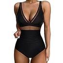 Tummy Control Swimsuits for Women One Piece High Waist V Neck Ruched Mesh Bathing Suit Sexy Adjustable Straps Swimwear, A01_black, Large