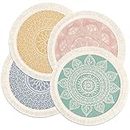 LOMOHOO Set of 4 Round Placemats 13 Inch Table Mats Boho Cotton Woven Mandala Tassels Heat Proof Washable Circle Place Mat for Kitchen Dining Wedding Farmhouse Home Decoration