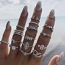 IYOU Vintage Gemstone Ring Sets Silver Crystal Knuckle Stacking Rings Boho Flower Moon Mid Rings Jewelry for Women and Girls(15pcs)