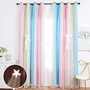 UNISTAR 2 Panels Blackout Stars Curtains for Kids Girls Bedroom Aesthetic Living Room Decor Colorful Double Layer Star Cut Out Stripe Pink Rainbow Window Wall Home Decoration Curtain W52 x L63 Inches
