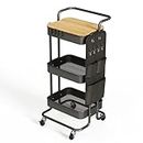 DTK 3 Tier Metal Utility Rolling Cart with Table Top and Side Bags, Tray Storage Organizer Wheels, Art Craft 4 Hooks for Kitchen Bathroom Office Living Room (Black)