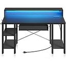 Rolanstar Computer Desk 47 inch with LED Lights & Power Outlets, Carbon Fiber Surface Black Desk with Storage Shelves, Home Office Desk with Keyboard Tray & Monitor Stand, Work Desk for Home Office