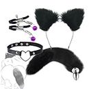 Cute Fur Fóx Pl-¨'g Tail and Ear Band Kit Women's Costume Accessories 4Pcs/Pack（Black）