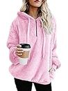Yanekop Womens Sherpa Pullover Sweater Fuzzy Fleece Sweatshirt Oversized Hoodie Cozy Outerwear with Pockets(Pink,L)