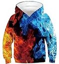Tropical Flame Hoody for Boys Cool Smoke Graphic Hoodie Girls Casual Blue & Red Round Neck Sweatshirts Children Lightweight Sports Hooded Teens Stylish Long Sleeve Clothes Autumn Fall, Fire Size 8-12