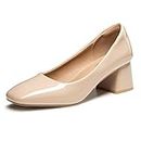Heel The World Women's Nude Low Chunky Block Heels Comfortable Closed Toe Work Pumps Square Toe Patent Dress Wedding Shoes Size 8