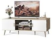 SUPERJARE TV Stand for 55 Inch TV, Entertainment Center with Adjustable Shelf, 2 Cabinets, TV Console Table, Media Console, Solid Wood Feet, Cord Holes, for Living Room, Bedroom, Gray and White